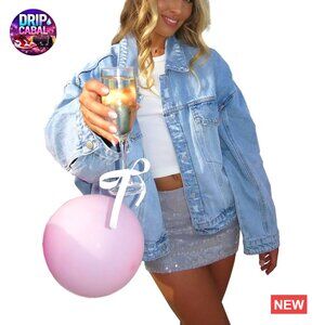 Oversized Denim Jacket Distressed Light Wash Y2K Chic Casual Wardrobe Staple